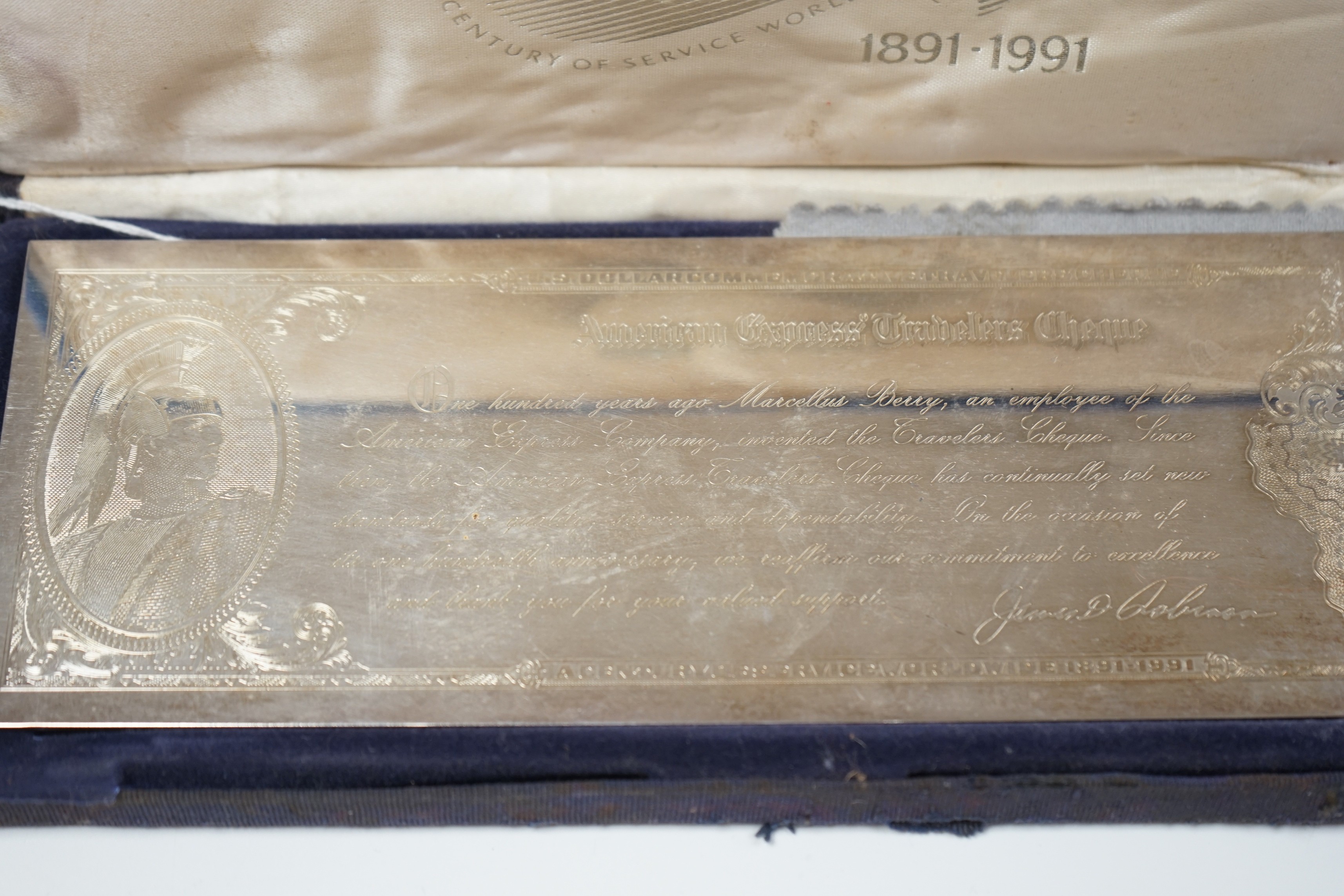 An American Express Commemorative plated Traveller's Cheque plaque
